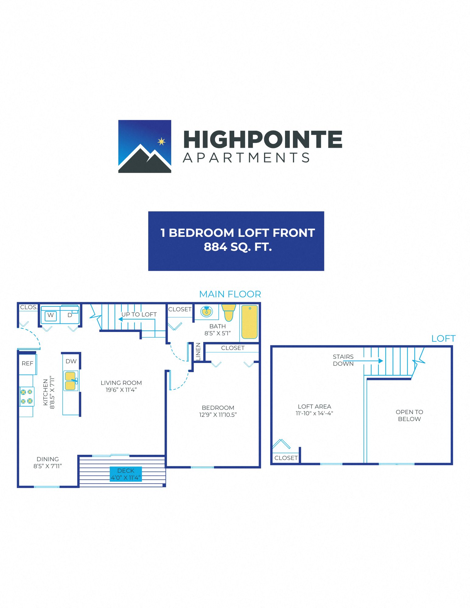 Floor plan for 1 bed, 1 bath, 884 sqft